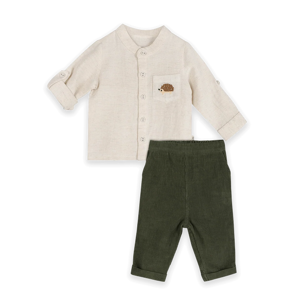 Felix Hedgehog Embroidered Pocket Baby Shirt & Corduroy Pant Set