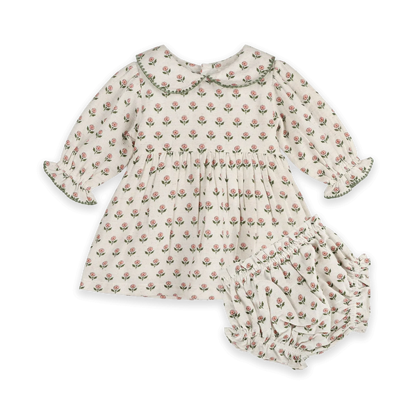 Rosamund Block Print Floral Baby Dress & Bloomer Set