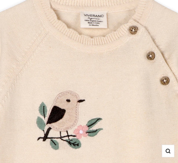 Bird & Floral Embroidered Baby Knit Jumpsuit