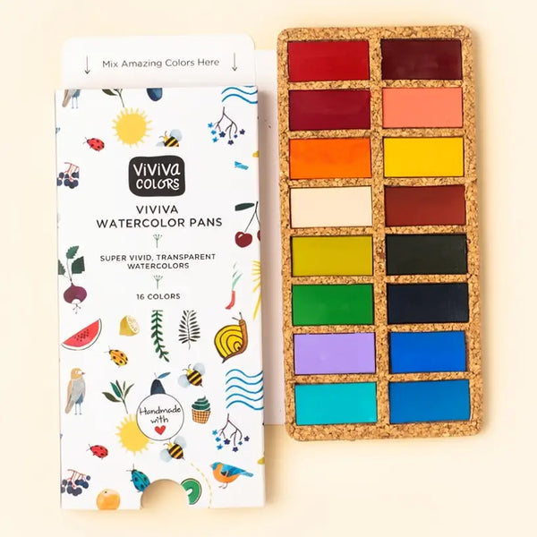 Spring Pans Set | 16 Watercolors | Cork Palette