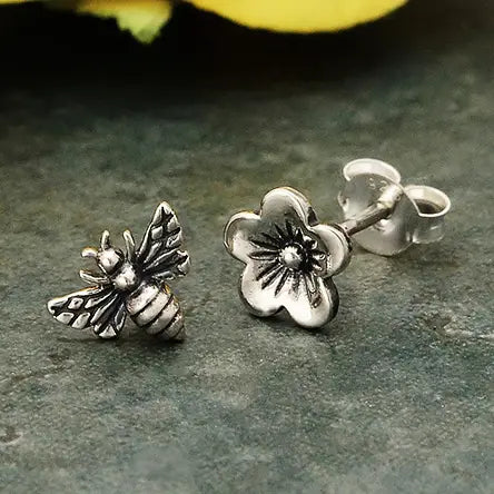 Sterling Silver Cherry Blossom and Bee Stud Earrings