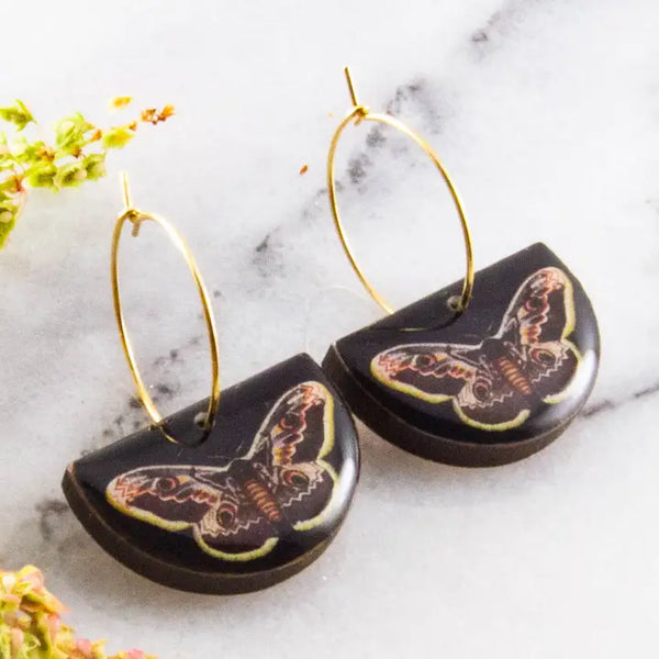 Peacock Moth Drop Hoop Earrings