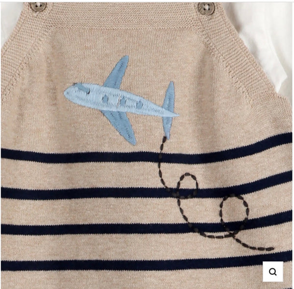Airplane Stripe Embroidered Baby Knit Romper Set