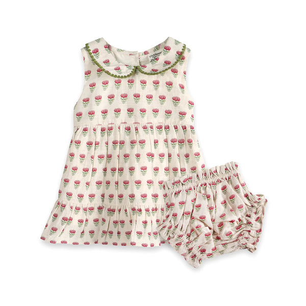 Mia Block Print Floral Baby Dress + Bloomer