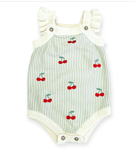 Cherry Stripe Embroidered Baby Ruffle Romper