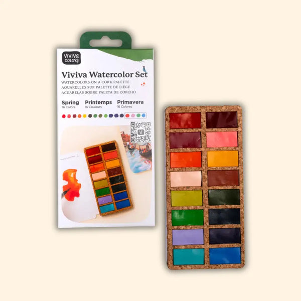 Spring Pans Set | 16 Watercolors | Cork Palette