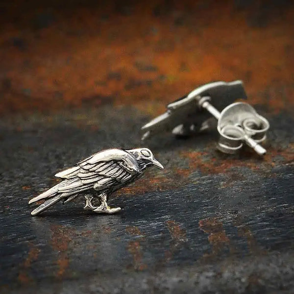 Sterling Silver or Bronze Raven Stud Earrings