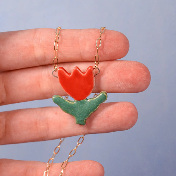 Red Tulip Ceramic Charm Pendant Necklace