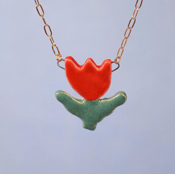 Red Tulip Ceramic Charm Pendant Necklace