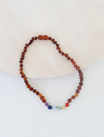 Kids Raw Cognac Amber + Chakra Crystals Teething Necklace