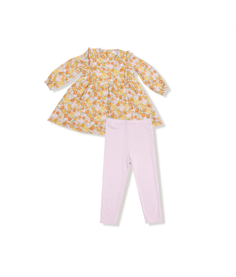 Sweet Amber Floral Ruffle Long-Sleeve Dress with Leggings