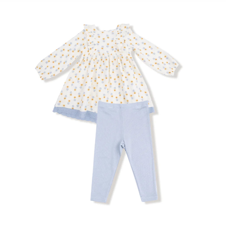 Western Sunflower Eyelet Trimmed Dress with Leggings