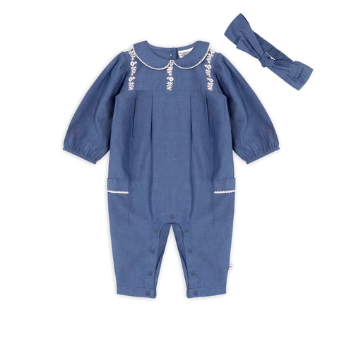 Brooklyn Soft Denim Baby Jumpsuit & Headband Set