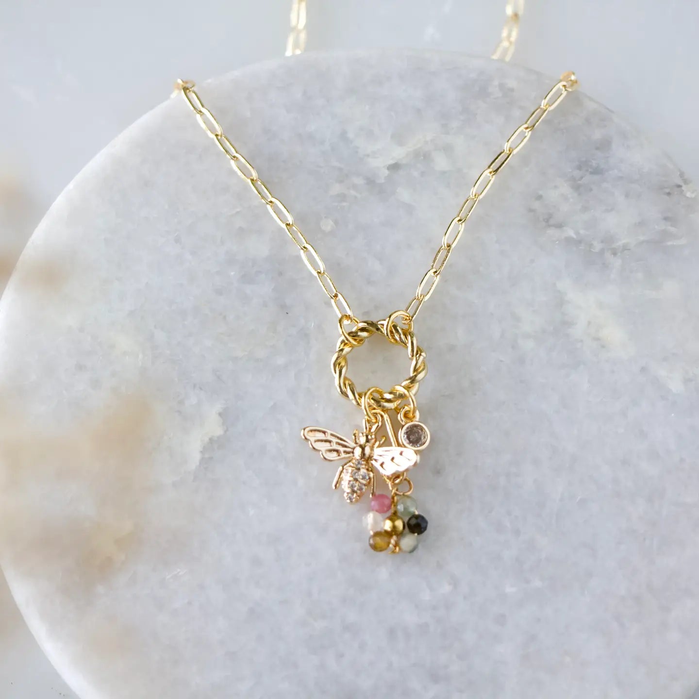 Tourmaline Flower Cz Queen Bee Charm Necklace