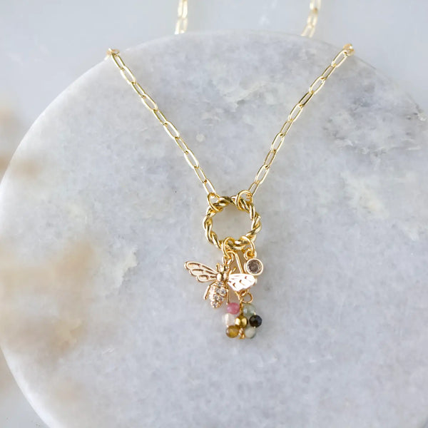 Tourmaline Flower Cz Queen Bee Charm Necklace