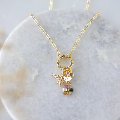 Tourmaline Flower Cz Queen Bee Charm Necklace