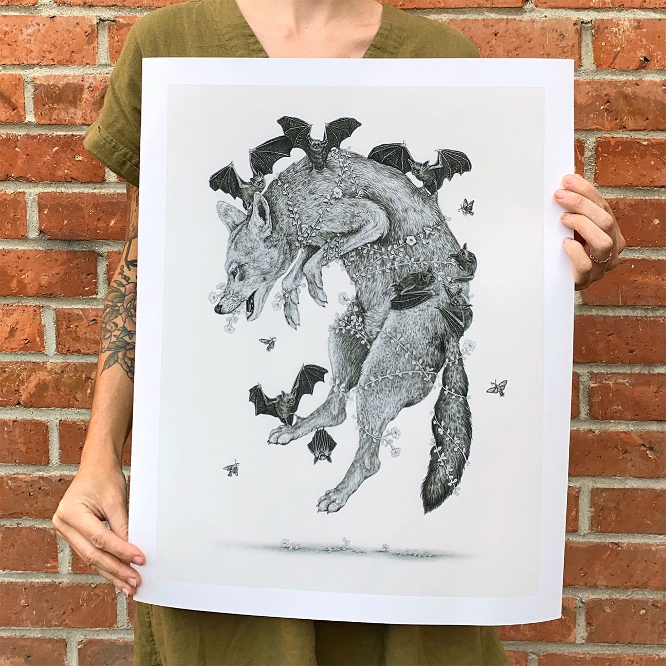 Red Wolf & Long-Eared Bats Print