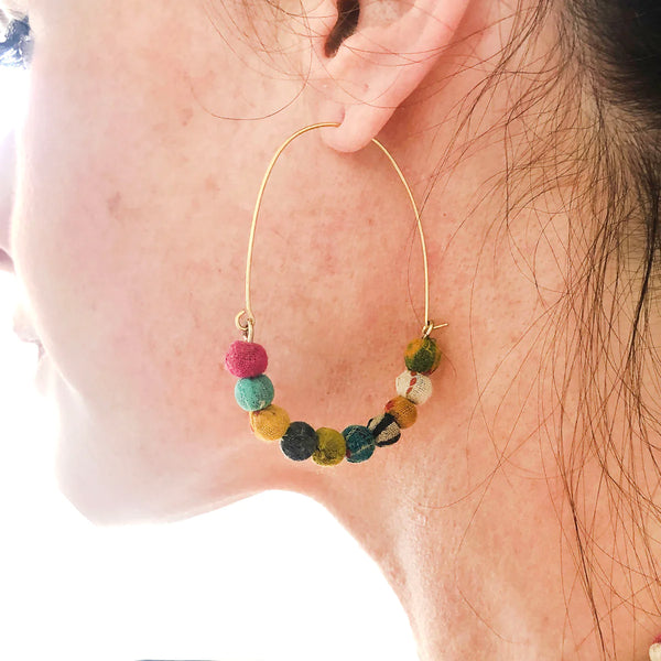 Elongated Kantha Wire Hoop Earrings