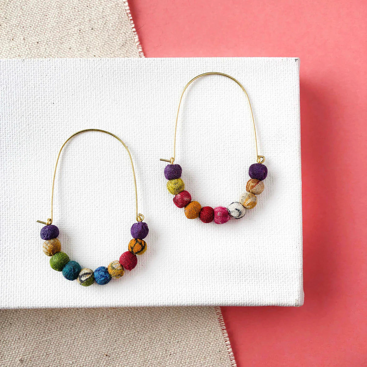 Elongated Kantha Wire Hoop Earrings