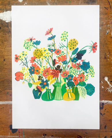 Vase of Flowers-  Risograph Print