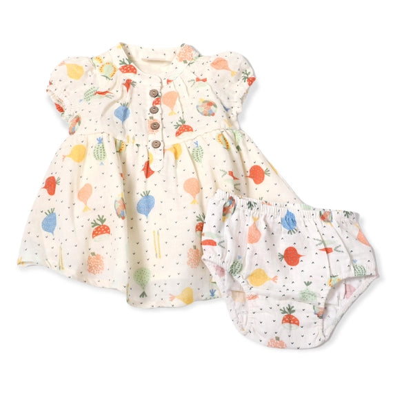 Veggie Puff Sleeve Muslin Baby Dress+Bloomer