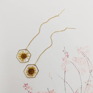 Pressed Yellow Flower Threader Earring