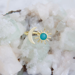 Full Sun and Crescent Moon Ring With Stone