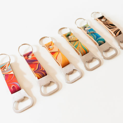 Marbled One-of-a-kind Leather Bottle Opener Keychains