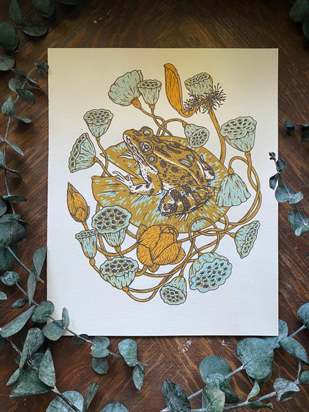 Frog, Lotus Pods, and Lotus Flowers Print by: Mustard Beetle