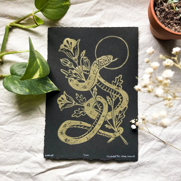 Snake and Poppies Handprinted Linocut by: Mustard Beetle