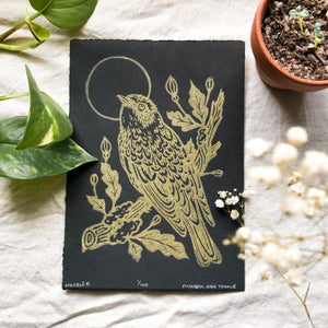 Warbler and Poppies Handprinted Linocut by: Mustard Beetle
