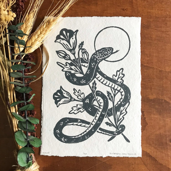 Snake and Poppies Handprinted Linocut by: Mustard Beetle