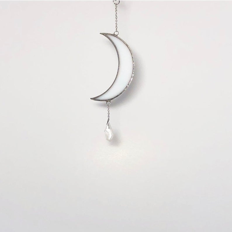 Stained Glass Crescent Moon with Crystal